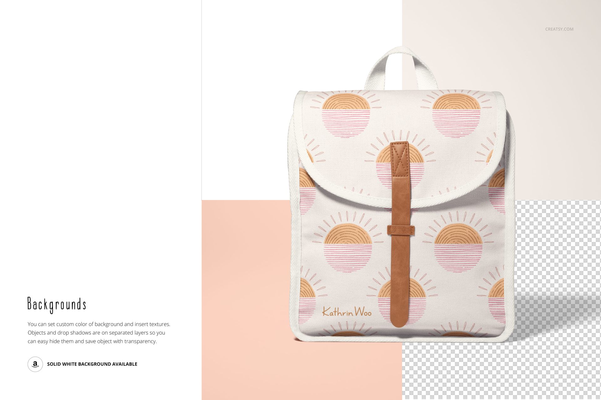 Front view of a kids backpack mockup with a sun and rainbow pattern in pink, orange, and beige on a white background.