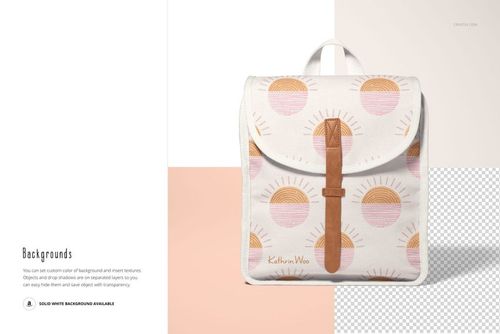 Front view of a kids backpack mockup with a sun and rainbow pattern in pink, orange, and beige on a white background.