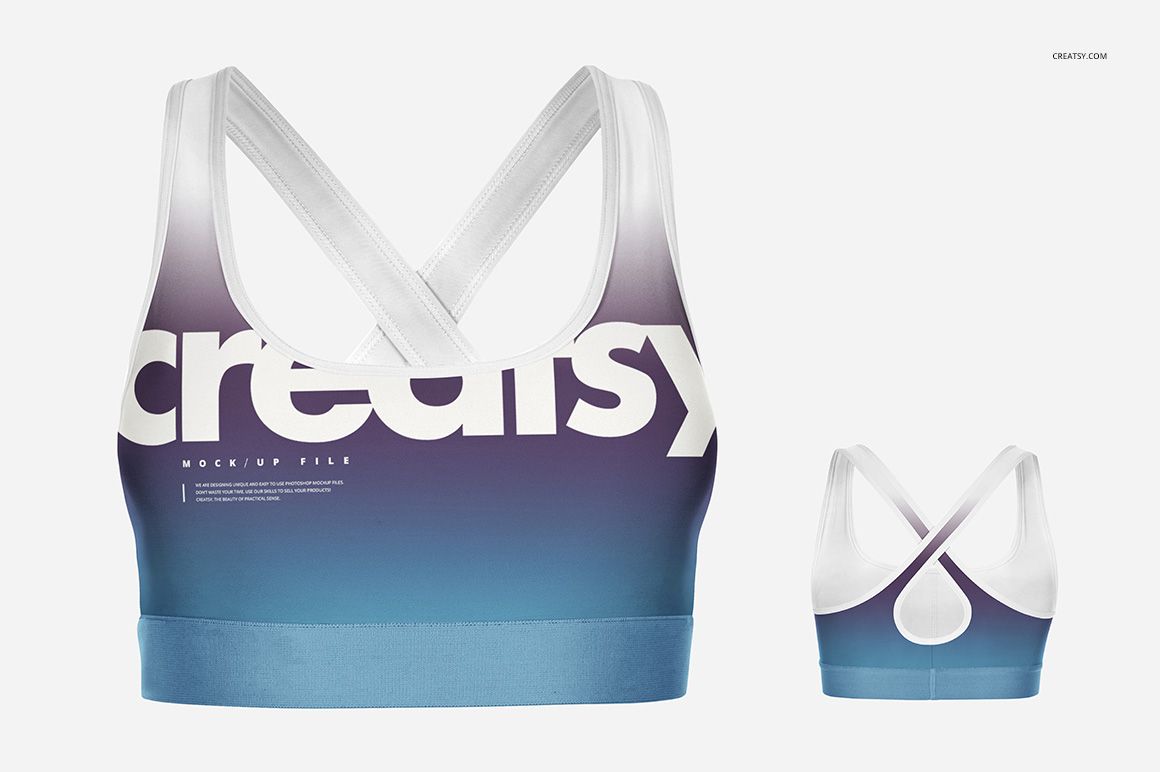 Front and back views of a sport bra mockup with a blue gradient design, white straps, and bold white text on a plain background.