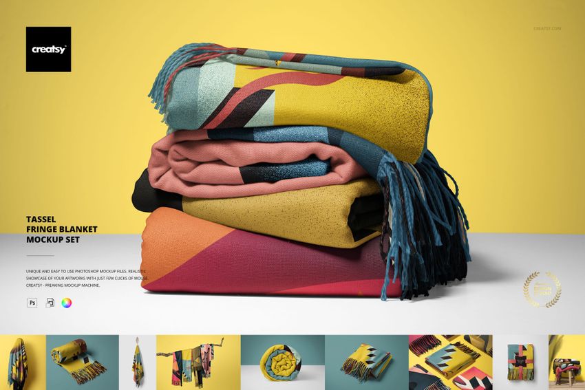 PSD mockup featuring a pile of patterned tassel fringe blankets in various colors, displayed in a modern setting.