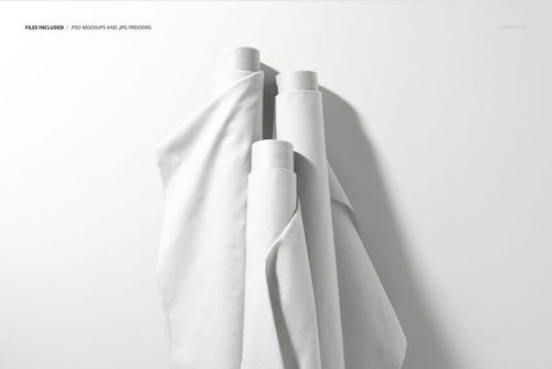 Vertical arrangement of three fabric rolls in white, with soft folds and shadows, shown in a realistic mockup scene.