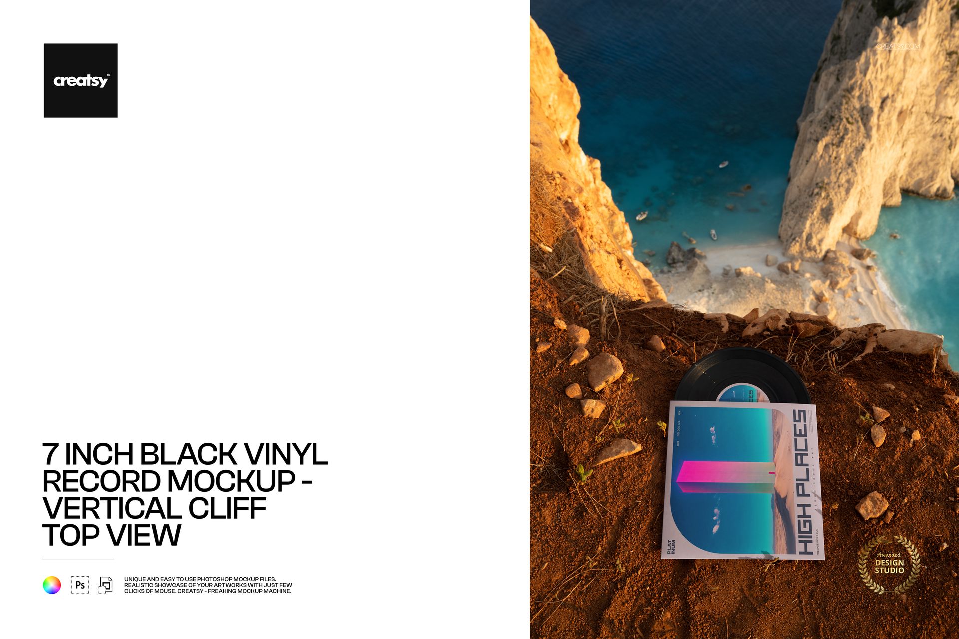 PSD mockup showing a 7 inch vinyl record with a vibrant cover on a rugged cliff top with ocean below.