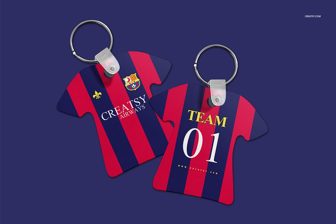 Mockup of soccer jersey keychains with metal rings, striped in red and navy, shown against a plain blue backdrop.