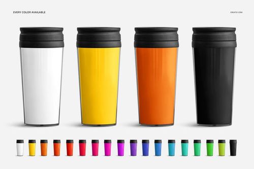 Travel mug PSD mockup set featuring four upright mugs in bold colors, with a color palette of mug options displayed below.