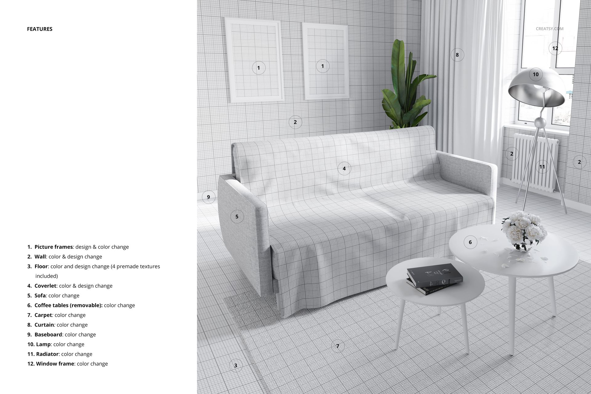 Front view of a modern living room with a light gray couch coverlet featuring a subtle grid pattern mockup.