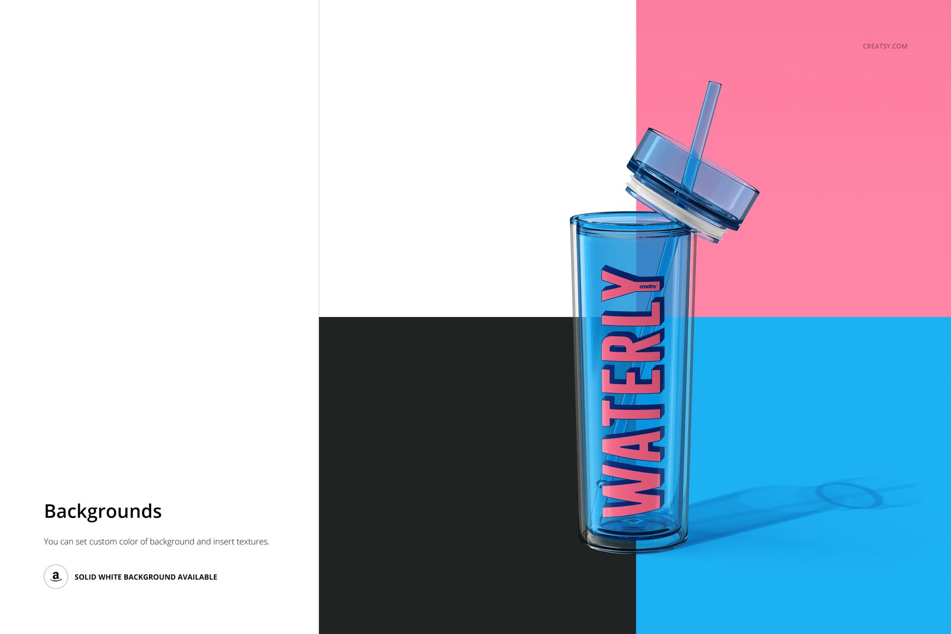 Double-wall acrylic tumbler mockup shown upright with lid and straw, set against four colored background sections.
