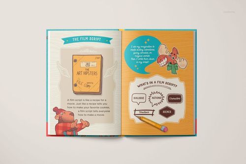Hardcover book mockup displaying two illustrated pages with vibrant graphics and text, photographed from a bird’s-eye perspective.
