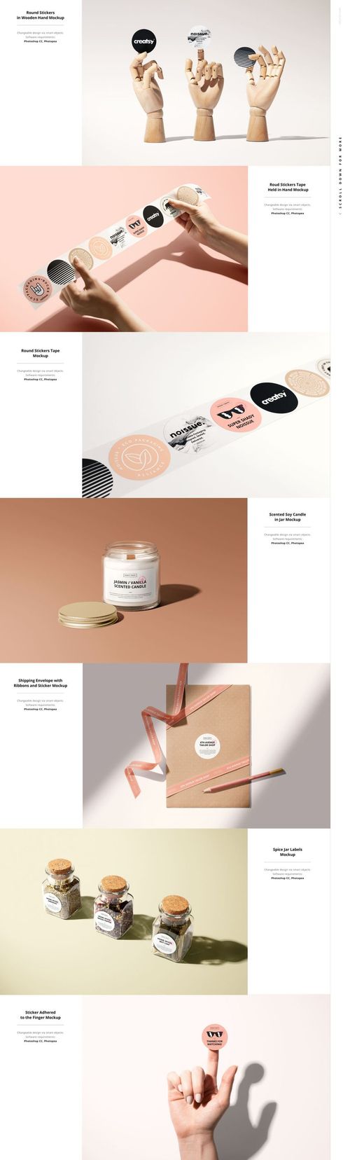 Assorted round and square stickers displayed on various surfaces and props, shown in a Noissue Stickers PSD mockup bundle.