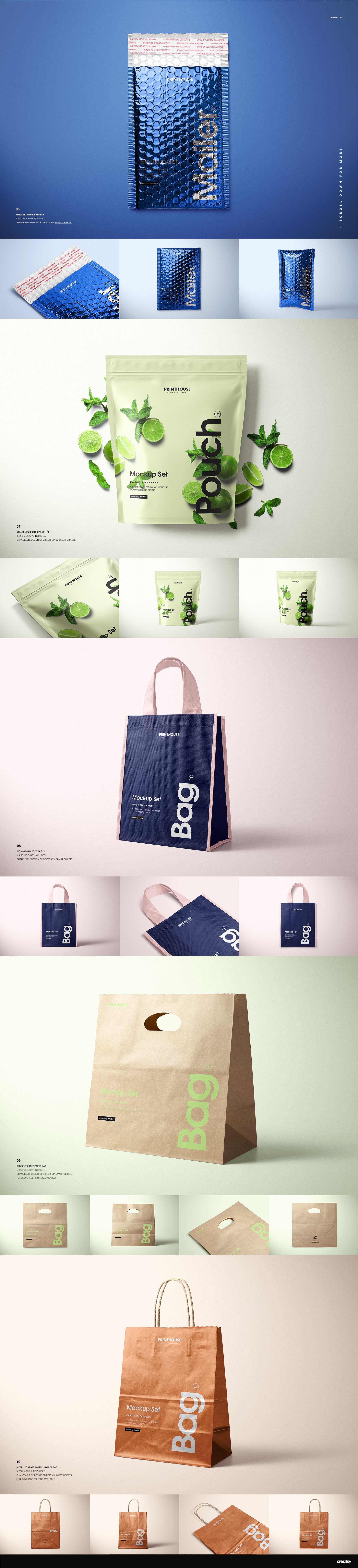 Various packaging mockups including bags, pouches, and tubes displayed in front and angled views on colored backgrounds.