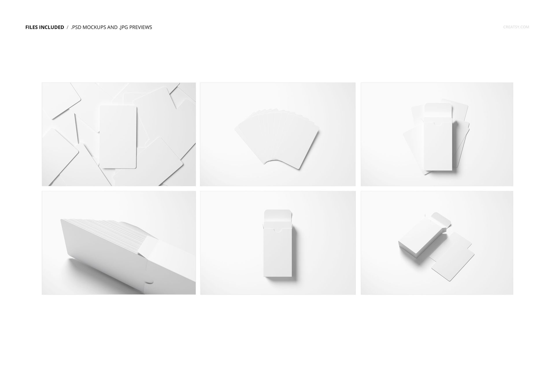 Set of blank tarot cards mockup displayed in six arrangements, including fanned, stacked, and boxed views on white background.