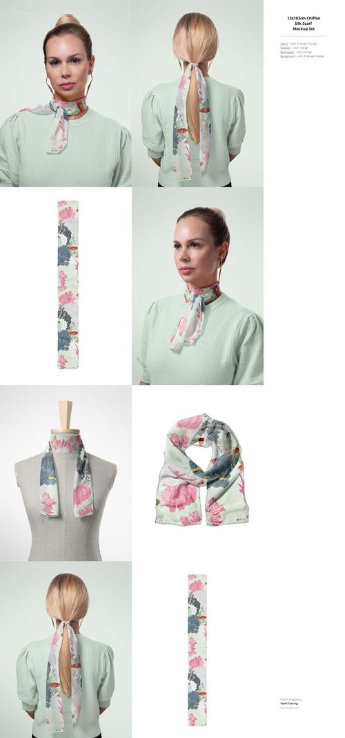 Floral fabric mockup featuring a light scarf with pink and blue flower patterns shown on a mannequin and model.
