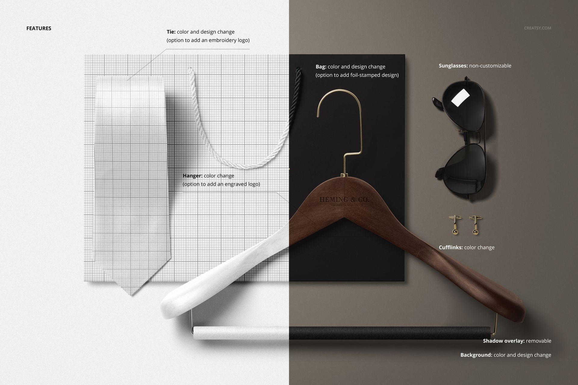 Men’s accessories mockup featuring a necktie, hangers, cufflinks, sunglasses, and a bag on split backgrounds.
