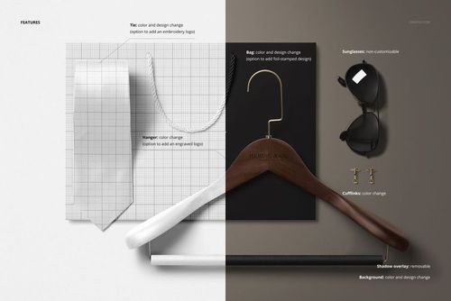 Men’s accessories mockup featuring a necktie, hangers, cufflinks, sunglasses, and a bag on split backgrounds.