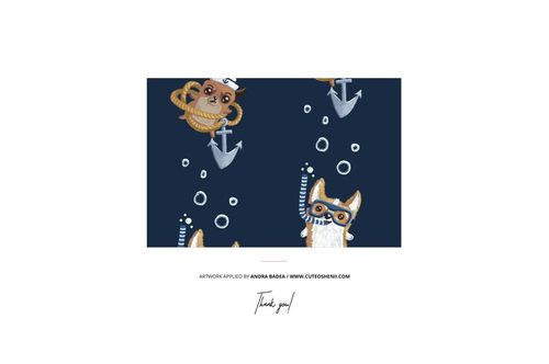 Kids swim shorts mockup featuring a navy blue background with illustrated anchors, bubbles, and playful animal designs.
