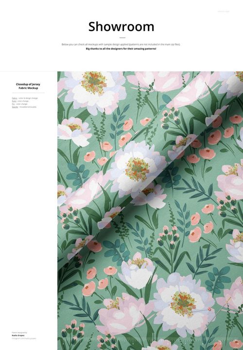 Folded jersey fabric mockup featuring a botanical design with large white flowers and green leaves on a flat surface.