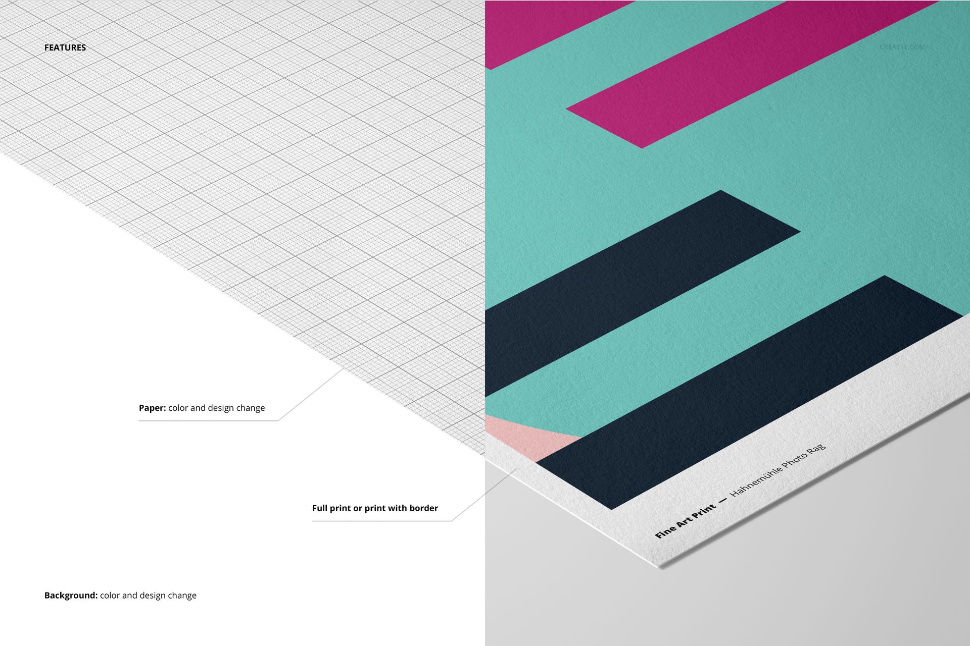 A3 fine art print mockup split into two sections, showing textured paper with geometric colored patterns and grid background.