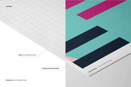 A3 fine art print mockup split into two sections, showing textured paper with geometric colored patterns and grid background.