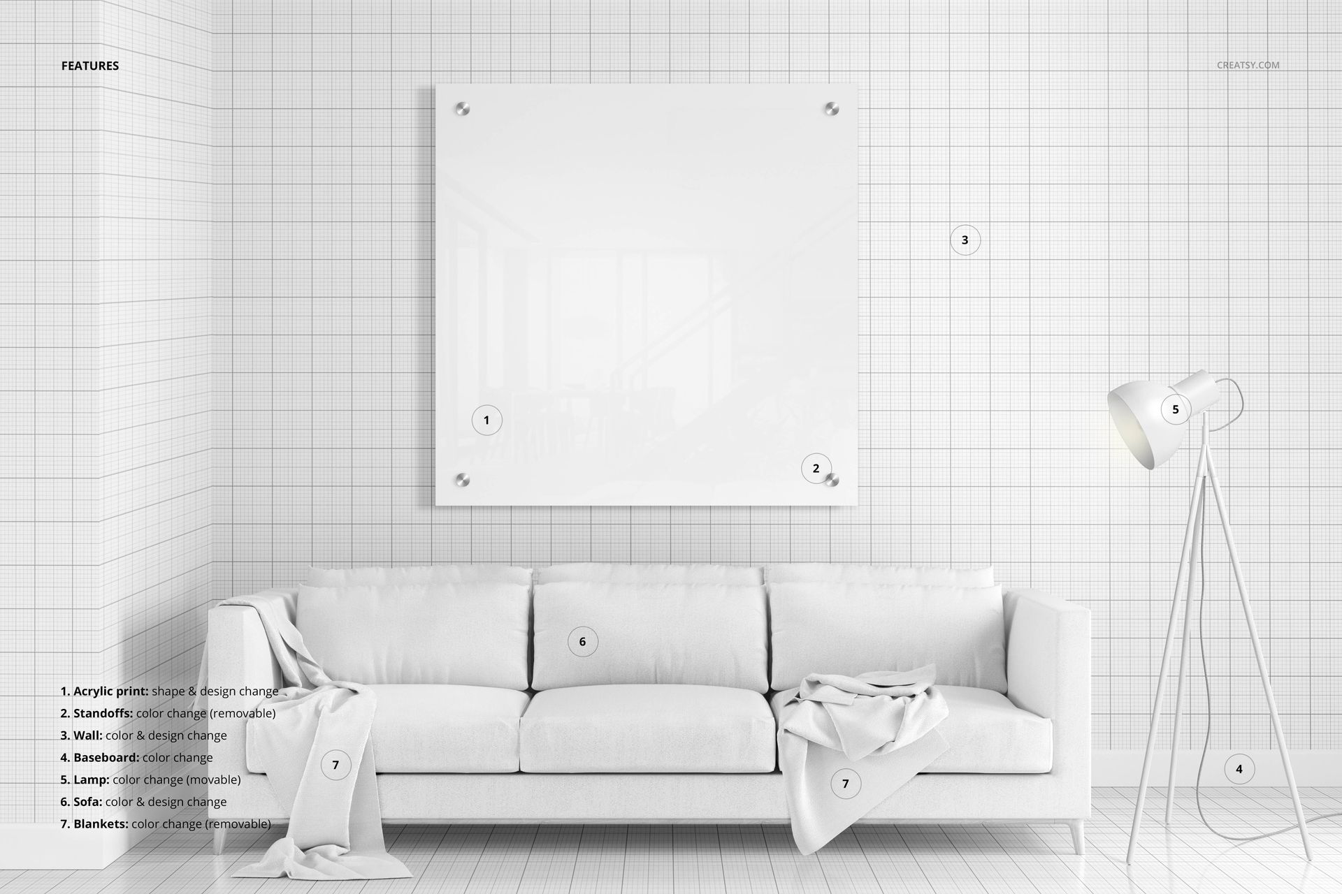Square acrylic print mockup displayed above a white sofa in a minimalist room with grid-patterned walls and a floor lamp.