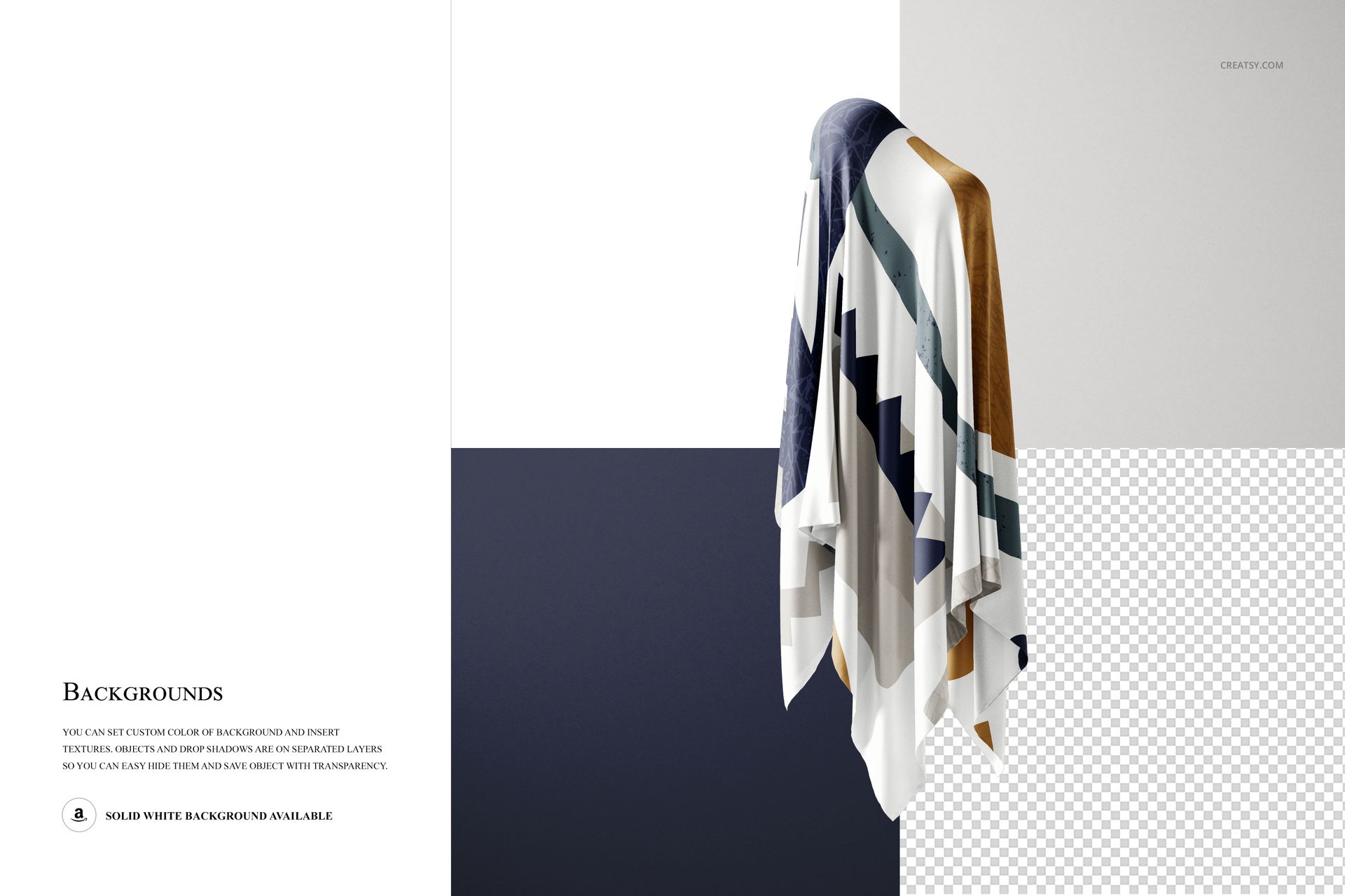 Draped silk fabric with geometric stripes in white, navy, gold, and gray shown from a front angle on a mockup.