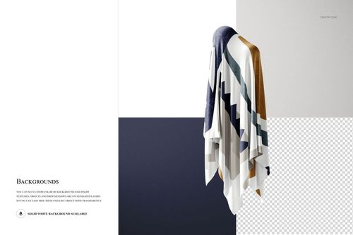 Draped silk fabric with geometric stripes in white, navy, gold, and gray shown from a front angle on a mockup.