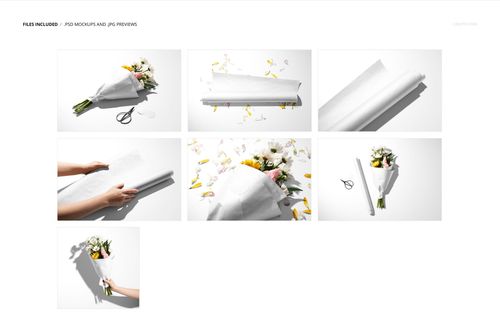 Flowers packaging mockup set showing white wrapping paper, bouquet of flowers, scissors, and petals on a white background.