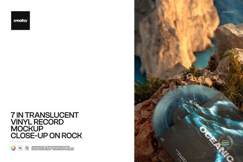 PSD mockup showing a clear blue vinyl record and cover on natural stone surface with water visible in the distance.