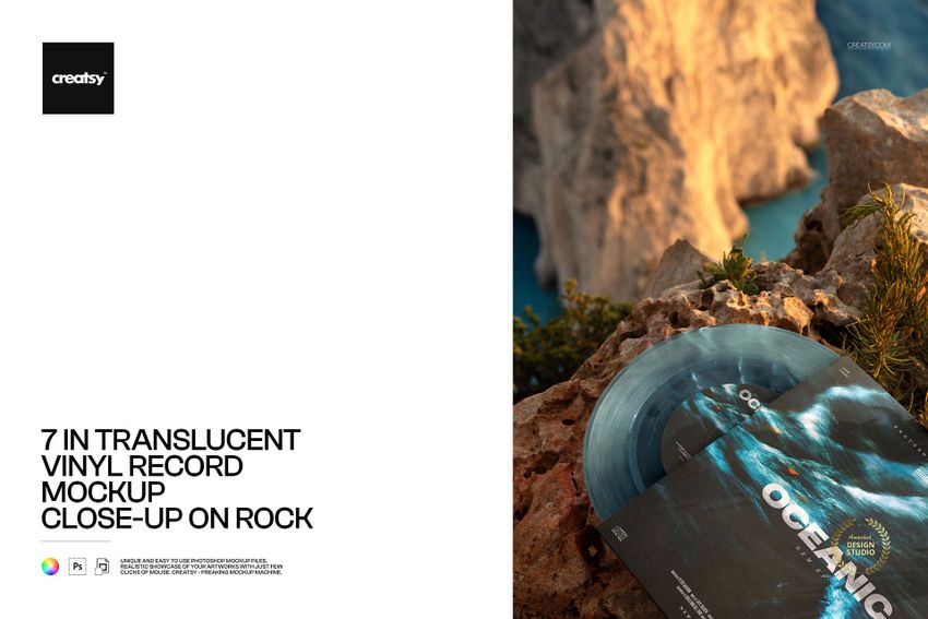 PSD mockup showing a clear blue vinyl record and cover on natural stone surface with water visible in the distance.