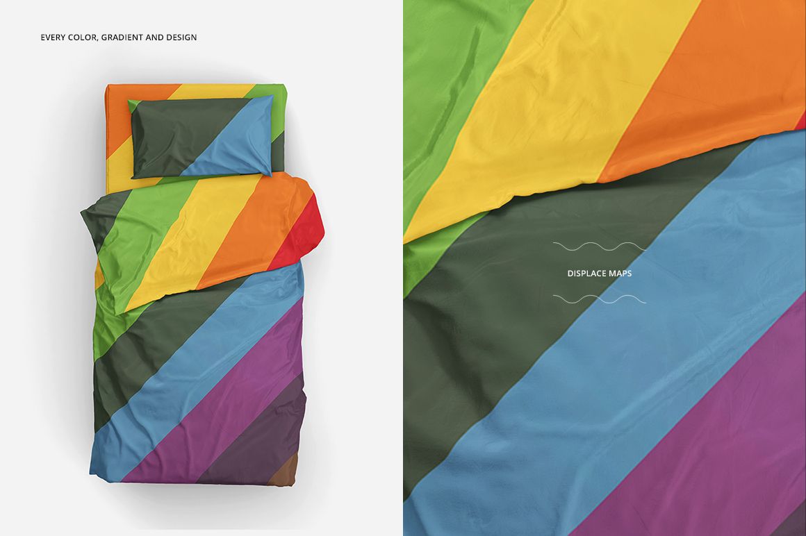 Single bed bedding mockup with colorful diagonal stripes in green, yellow, orange, red, blue, and purple, shown from top view.