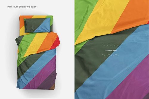 Single bed bedding mockup with colorful diagonal stripes in green, yellow, orange, red, blue, and purple, shown from top view.
