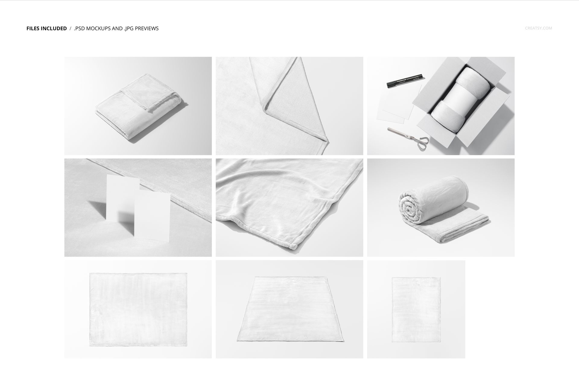 Fleece blanket mockup set showing folded, flat, and rolled white blankets from various angles on a light background.