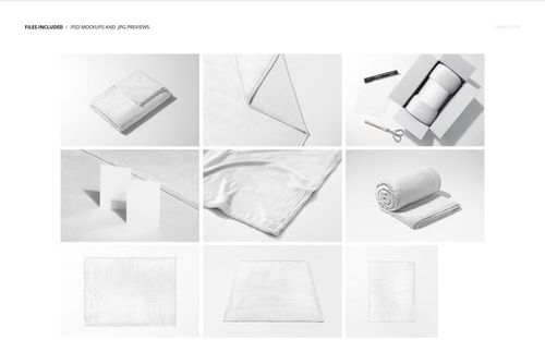 Fleece blanket mockup set showing folded, flat, and rolled white blankets from various angles on a light background.