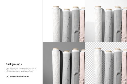 Fabric rolls mockup showing cotton and jersey textures in soft shades, positioned vertically on white and gray backgrounds.