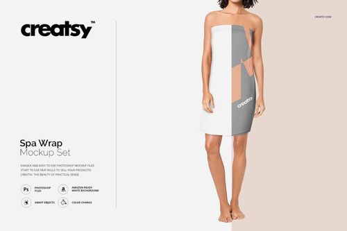 PSD mockup showing a woman wearing a spa wrap with abstract patterns, displayed against a split white and beige background.