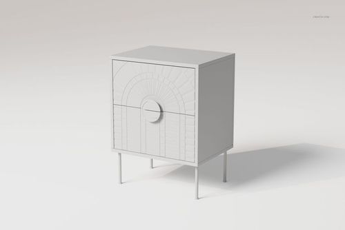 Art Deco nightstand with geometric patterned front, white finish, and slender metal legs, shown in a studio setting.