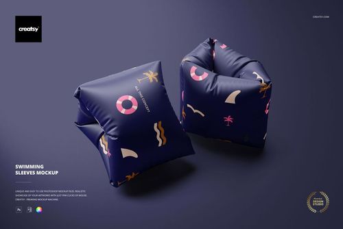 PSD mockup of inflatable swimming sleeves with abstract beach icons in pastel colors, arranged side by side on a solid surface.