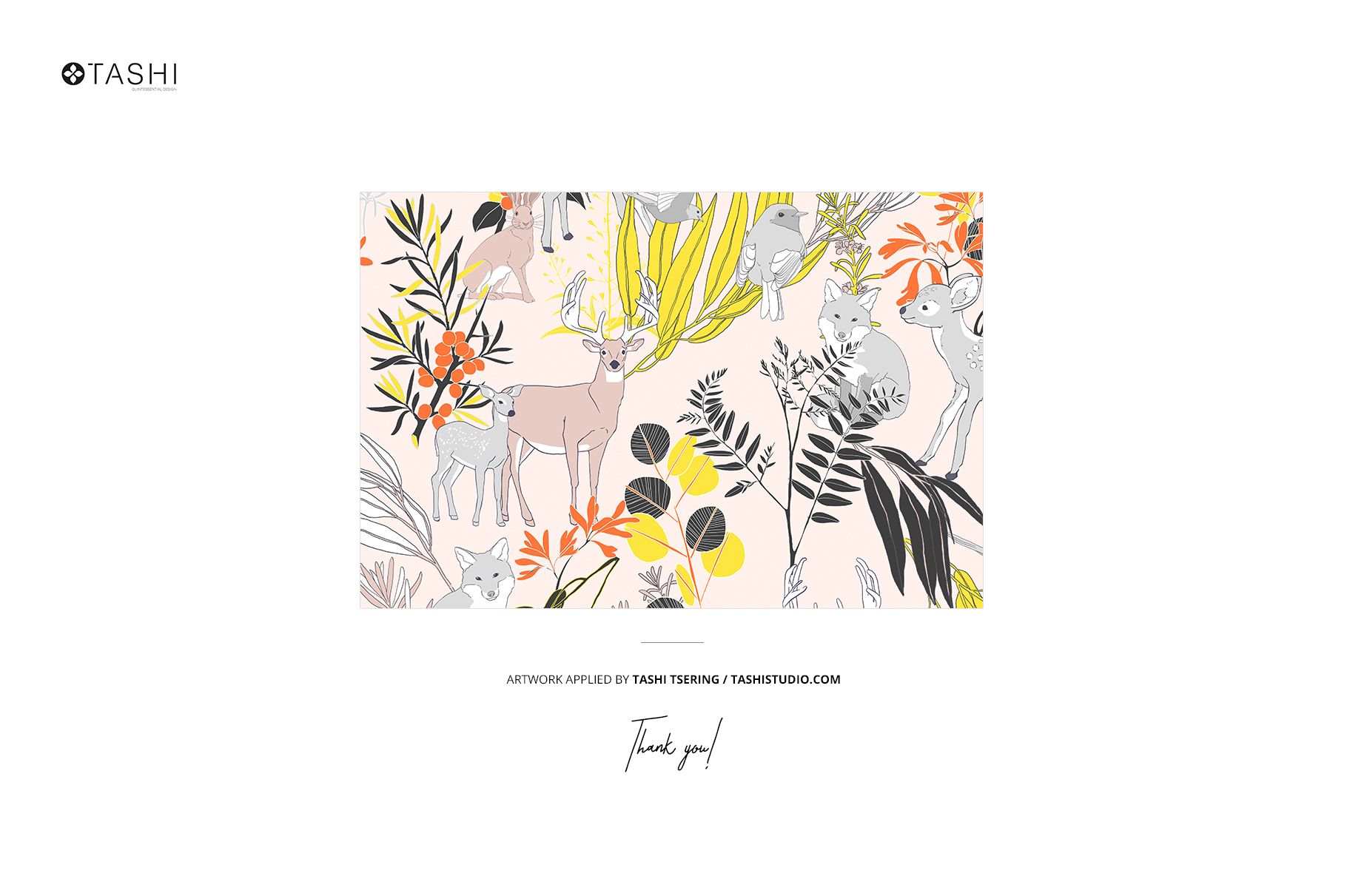 Illustration featuring deer and foliage in pastel and earthy tones, displayed on a rectangular mockup background.