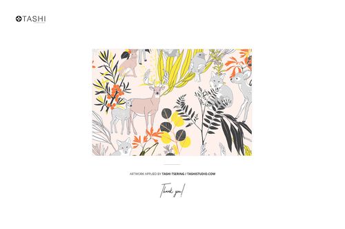 Illustration featuring deer and foliage in pastel and earthy tones, displayed on a rectangular mockup background.