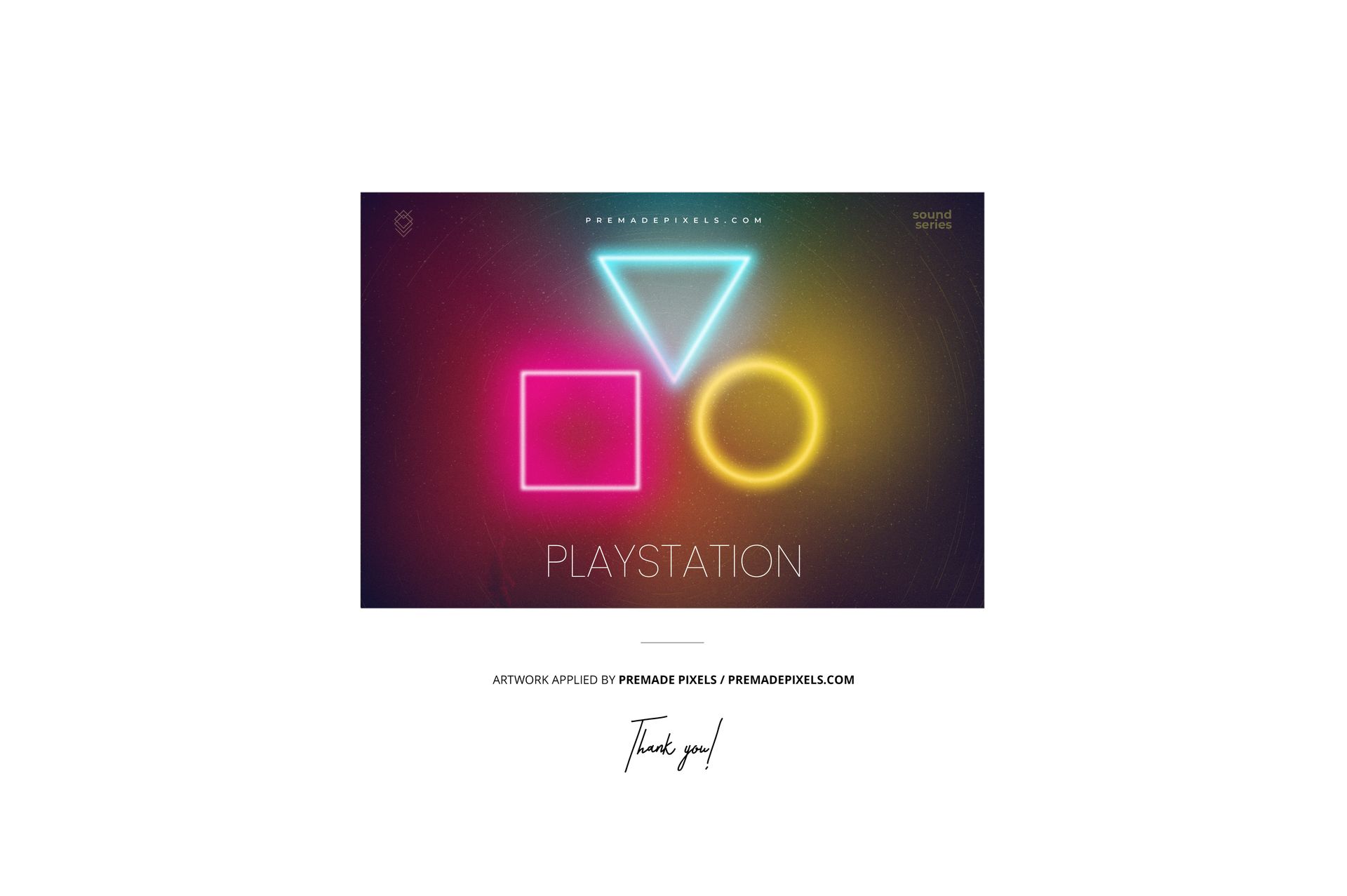 Front view of a vinyl record cover mockup featuring neon geometric shapes in pink, blue, and yellow on a dark background.