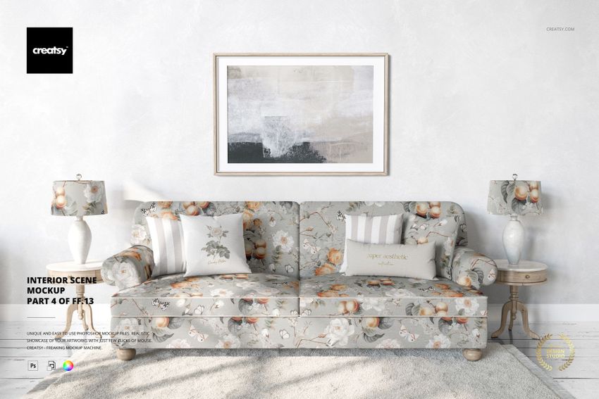 PSD mockup showing a sofa with decorative pillows and lamps, all with a soft floral design, in a modern interior setting.