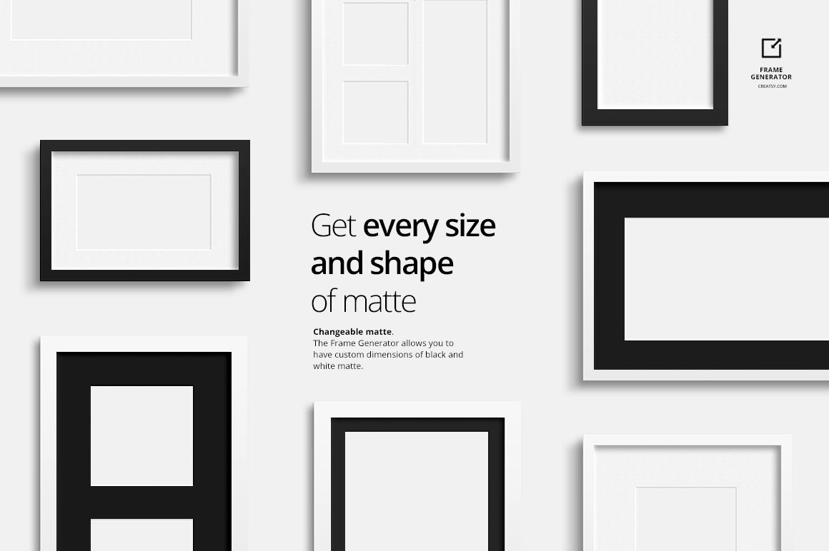 Assorted frame mockups featuring black and white borders and mattes, shown from above on a neutral background.