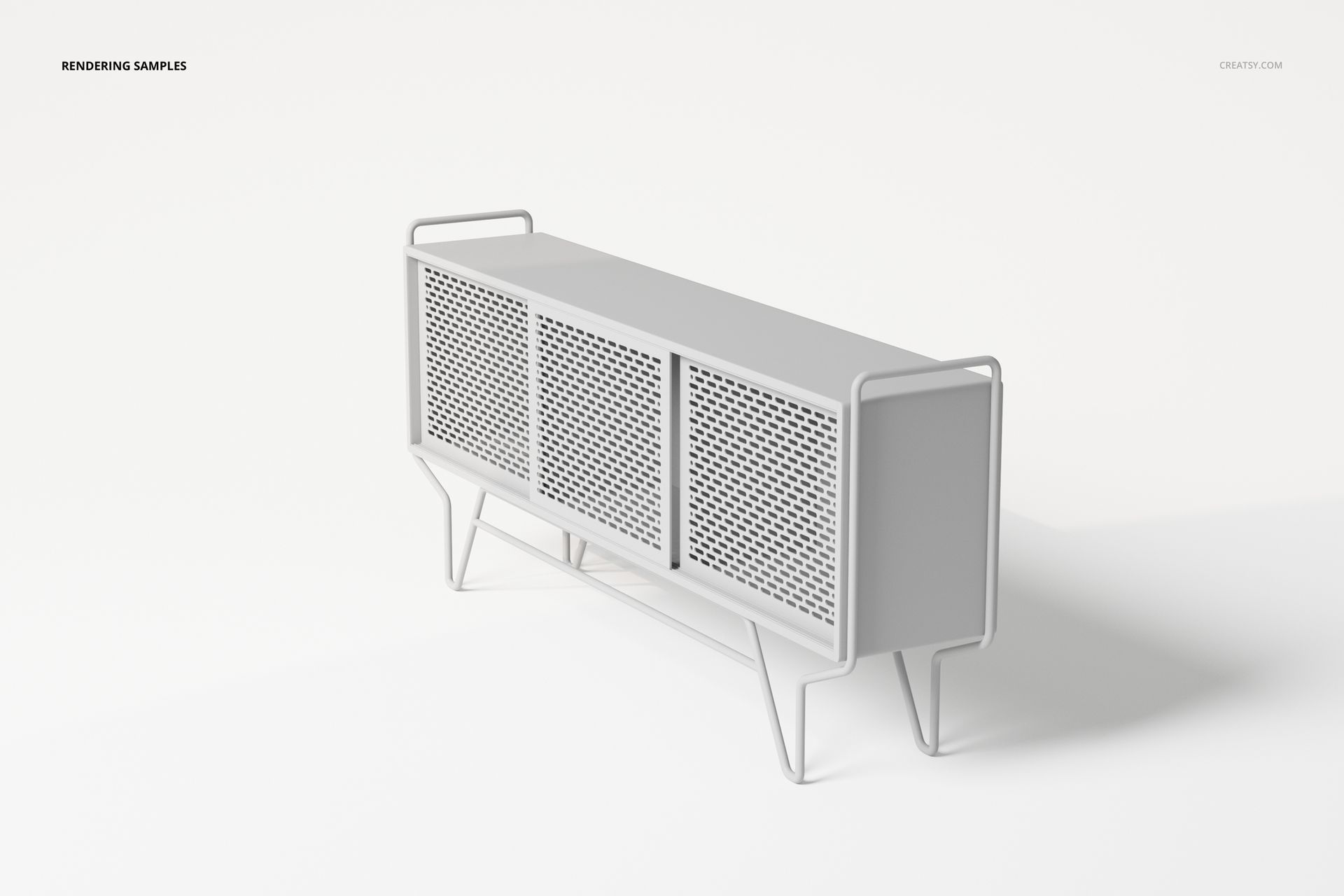 Art Deco sideboard with geometric perforated doors, shown in a light gray finish on a white background, angled view.
