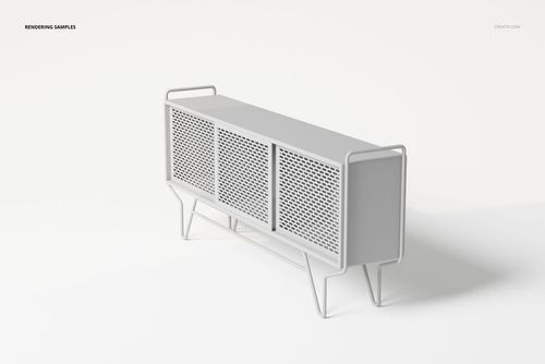 Art Deco sideboard with geometric perforated doors, shown in a light gray finish on a white background, angled view.