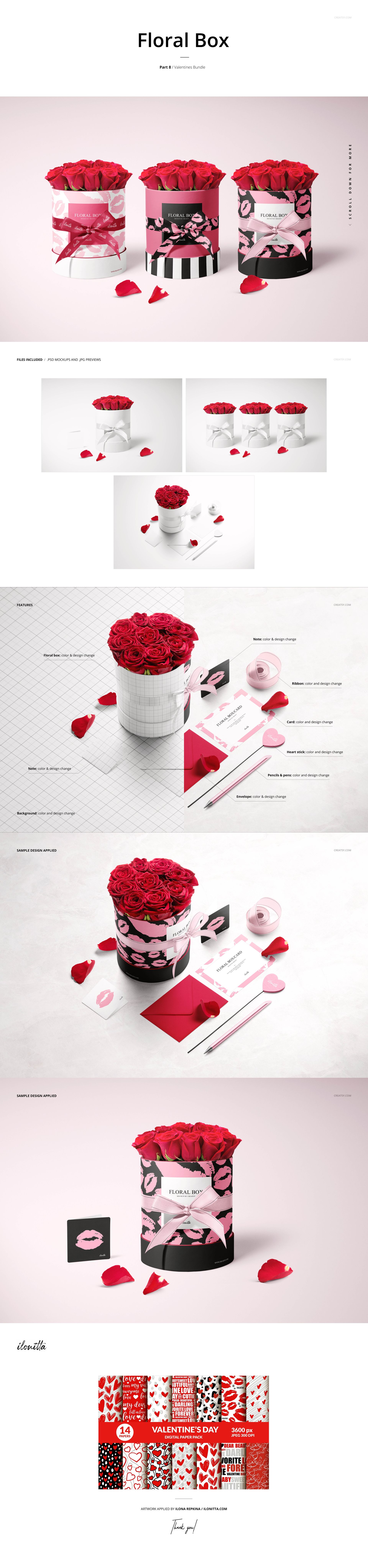 Valentine's PSD mockup displaying floral gift boxes with rose arrangements and heart-shaped props in a bright scene.