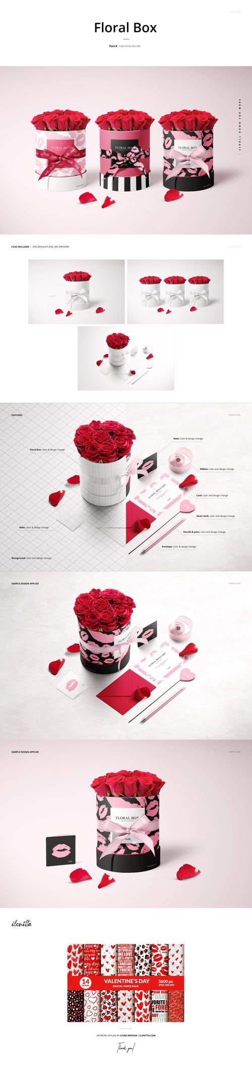 Valentine's PSD mockup displaying floral gift boxes with rose arrangements and heart-shaped props in a bright scene.