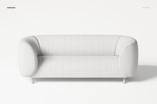 Front view of a modern oval-shaped sofa 3D model in white with visible wireframe grid lines on a plain background.