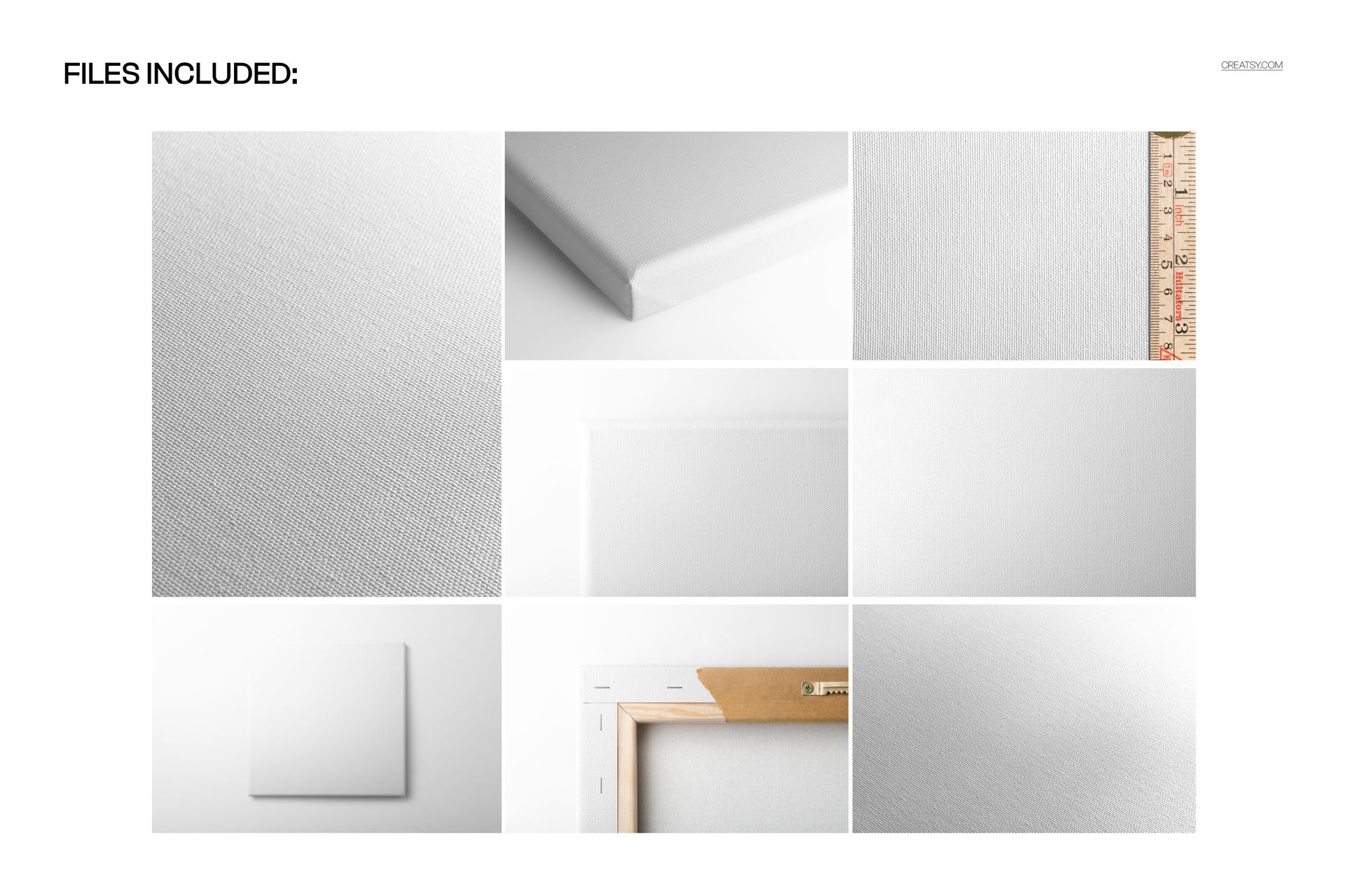 Cotton matte canvas mockup set showing close-up textures, gallery wrap edges, and blank print surfaces in various views.