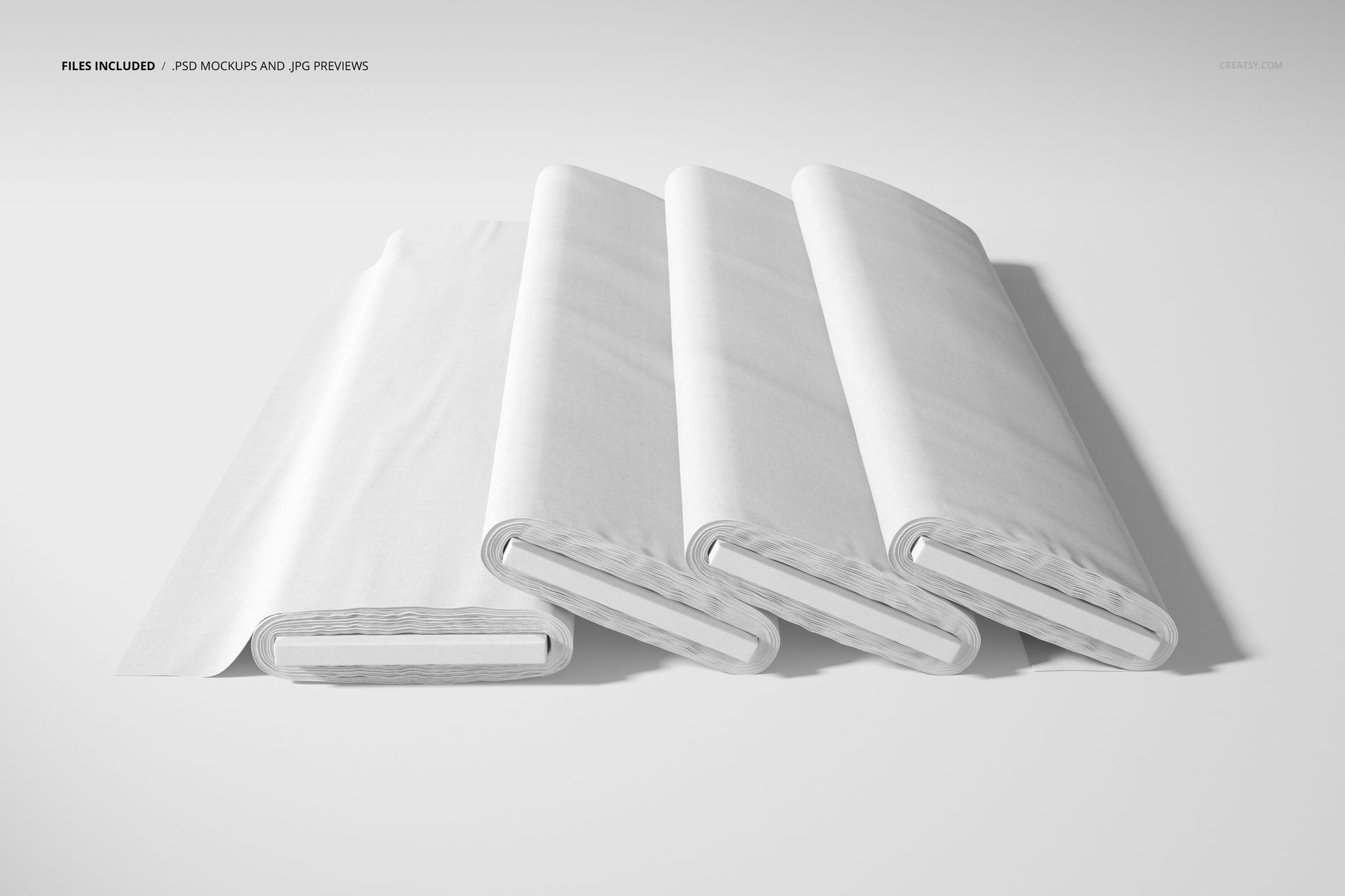 Set of four plain fabric bolts placed side by side, shown in a high-resolution PSD mockup with a neutral background.