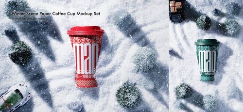 Paper cup PSD mockup set showing red and green cups with festive designs on a snow-covered surface with miniature trees.