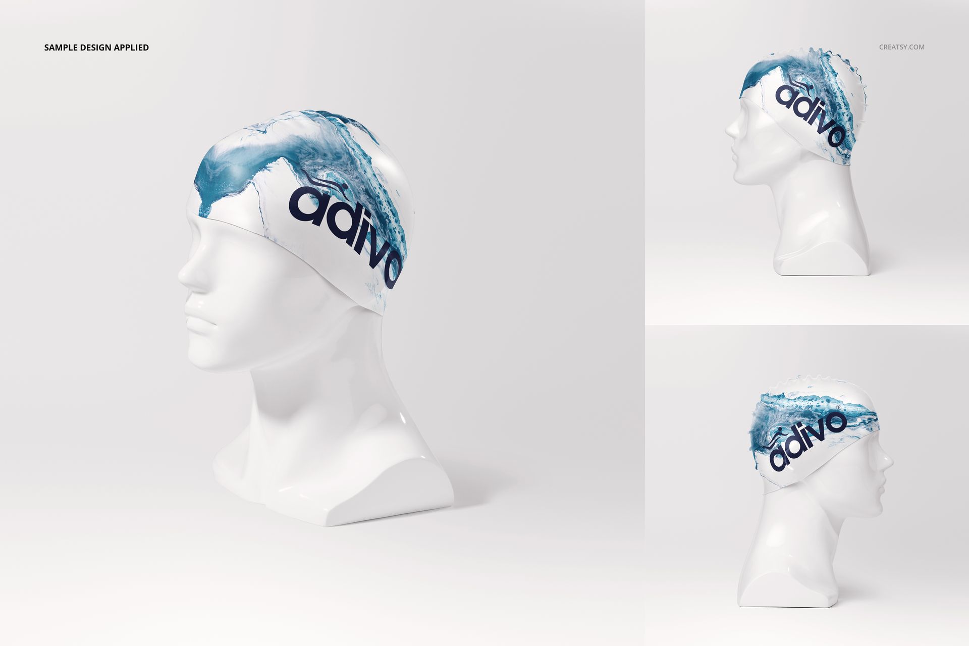 White swim cap mockup with blue water splash pattern and bold black text, shown on a mannequin head from side angles.