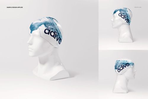 White swim cap mockup with blue water splash pattern and bold black text, shown on a mannequin head from side angles.